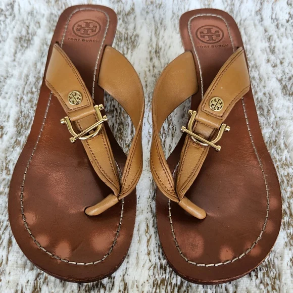 Tory Burch "Nora Mestico Wedge" Brown Leather Thong Sandal | Women's Size 7.5 - Picture 2 of 11